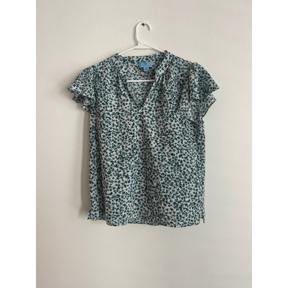 CeCe Floral Flutter Sleeve Split V-Neck Blouse Green White Medium
